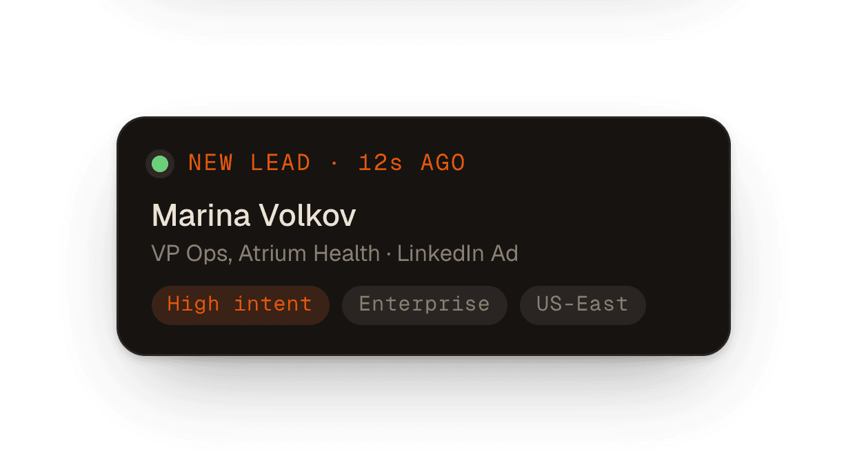 A new lead card for an enterprise prospect tagged high intent.