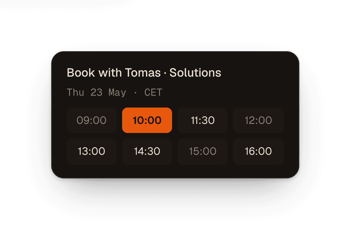 A booking panel offering meeting time slots.