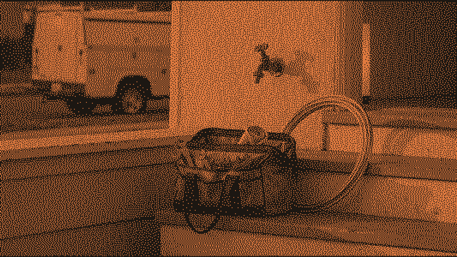 A brass hose bib and an open canvas toolbag on a front porch step at early morning, with low orange sun across the boards and a coil of copper tubing beside a closed truck tailgate.