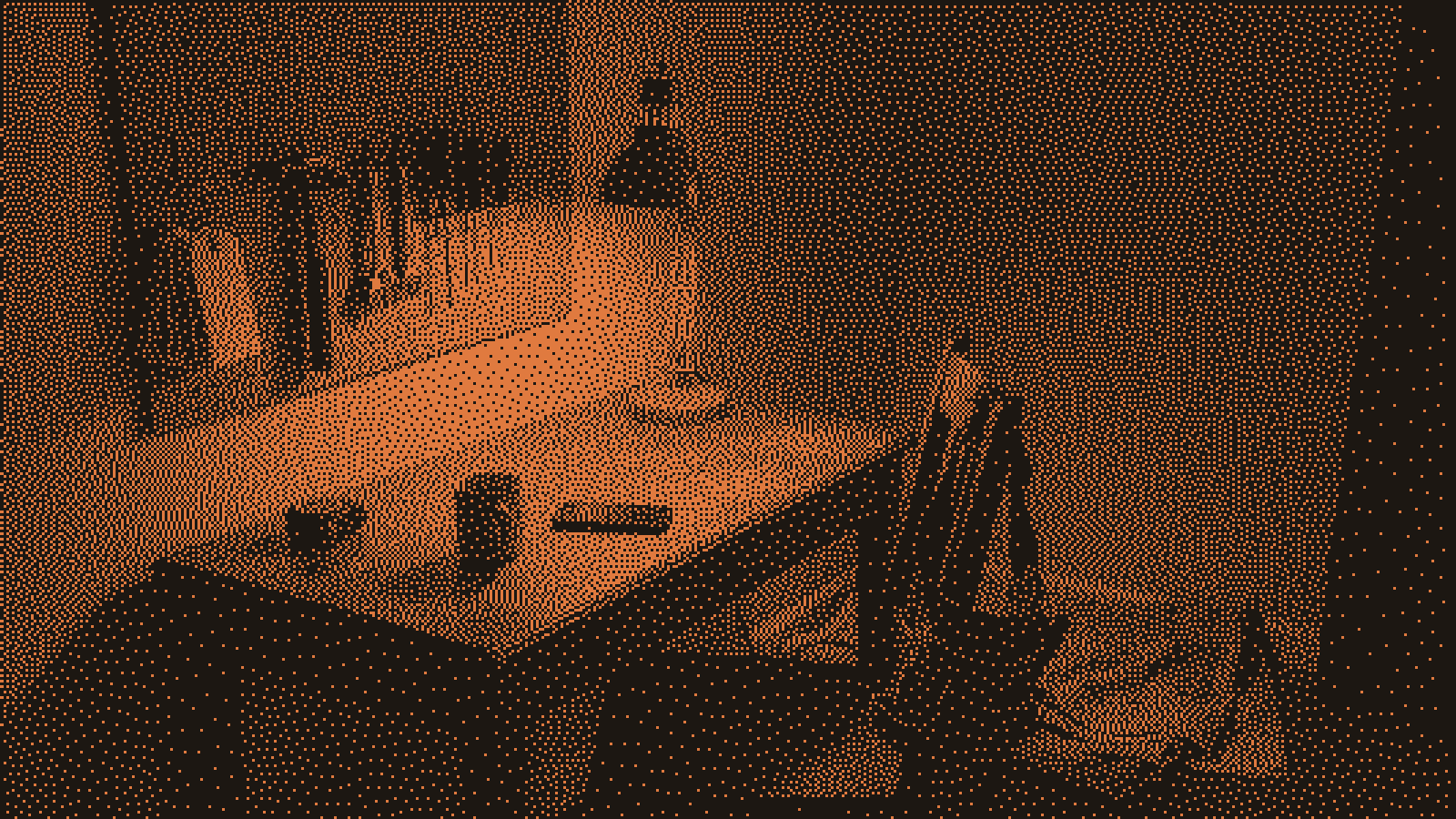 A contractor's small home office at dusk: a pegboard of hand tools and a ring of blank service tags on the wall, a tape measure, coffee mug, and phone on the desk under a warm orange lamp.