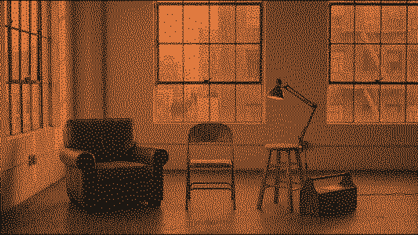 Three empty chairs in a row in a bright loft, a lounge chair, a folding chair, and a workshop stool, with only the stool lit by a warm desk lamp.