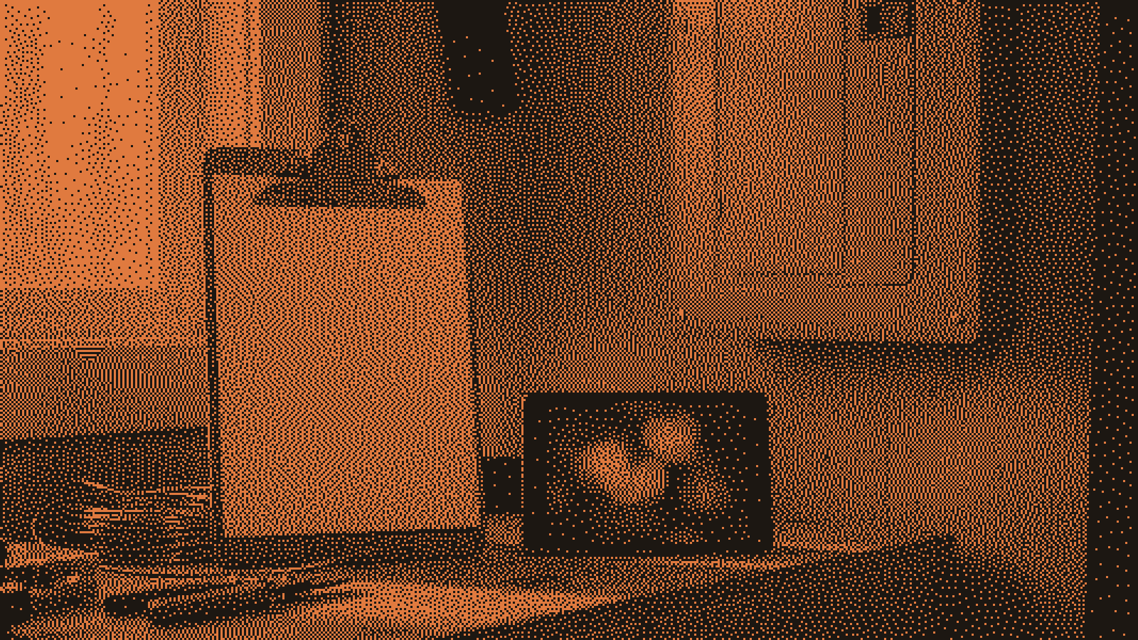 A blank clipboard, a coil of copper wire and a tablet glowing orange sit on a workshop bench below a closed breaker panel.