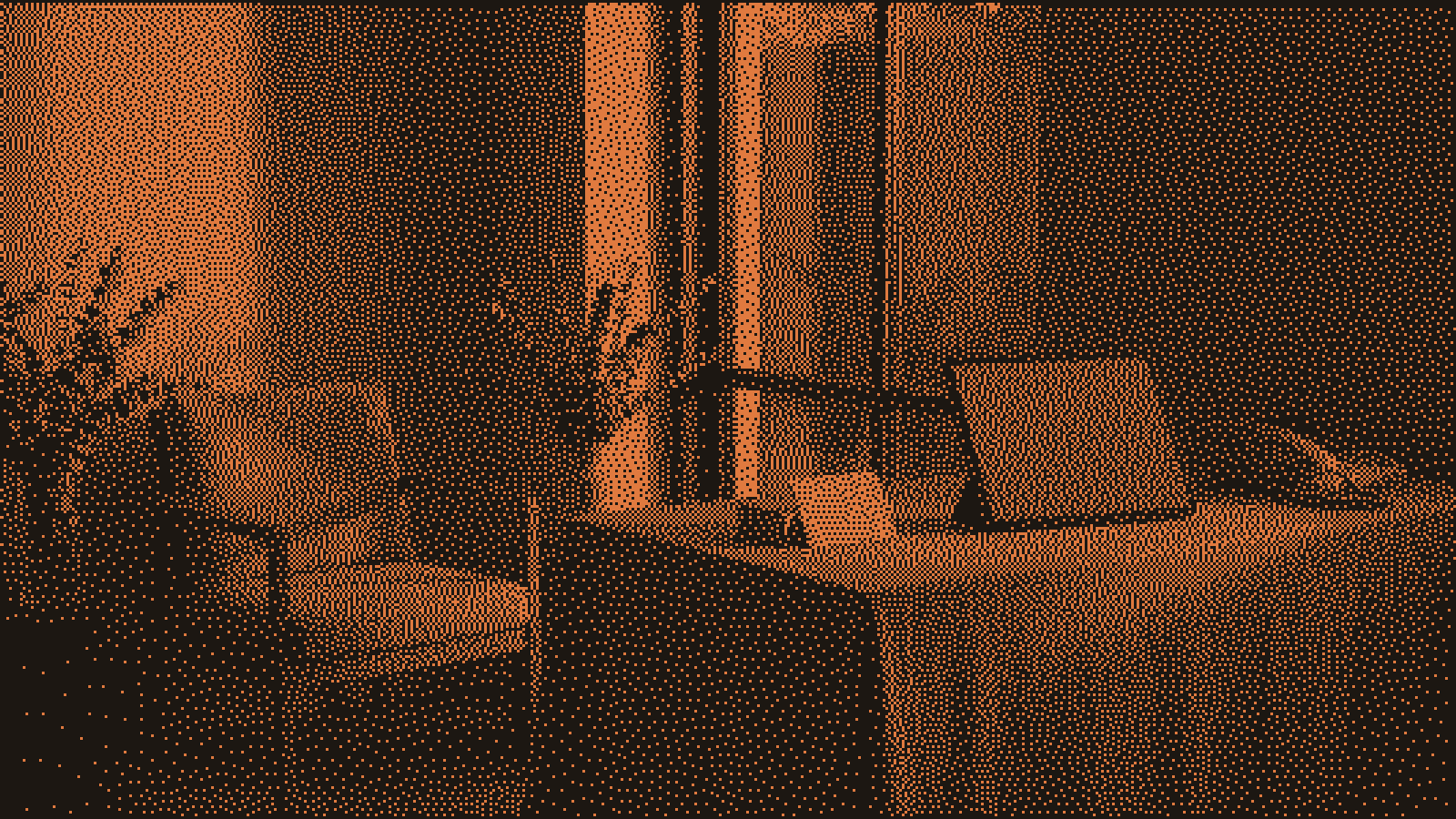A serene reception desk at dusk with a softly glowing screen answering while an empty chair waits under warm light.