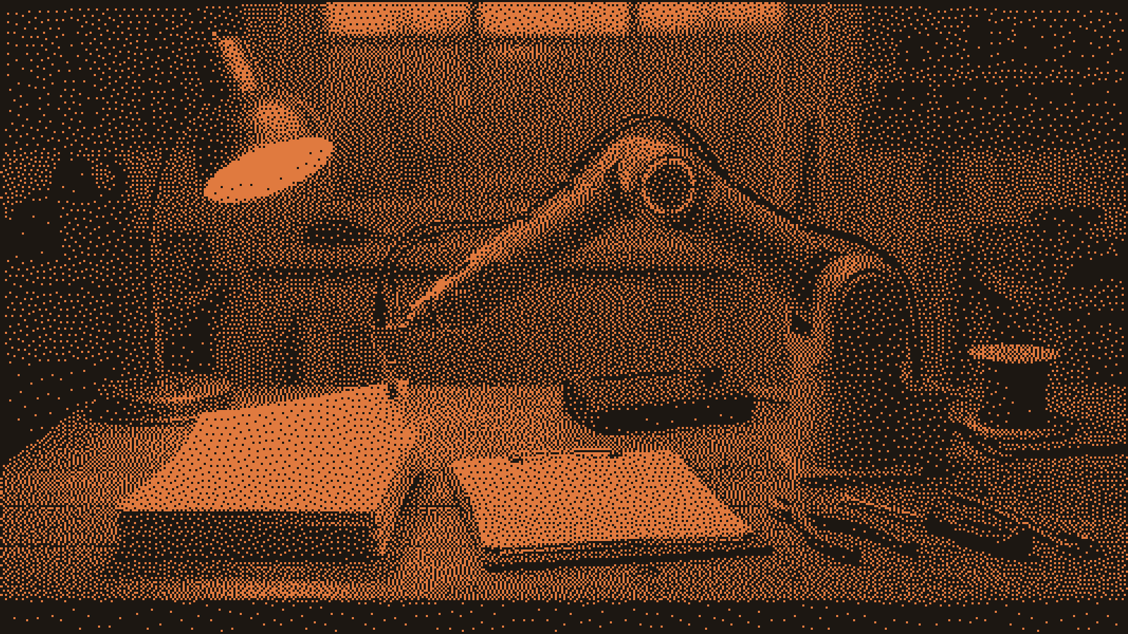 A small robotic arm with a glowing orange joint reaches toward a stack of blank work-order papers on a wooden workbench, lit by a desk lamp.