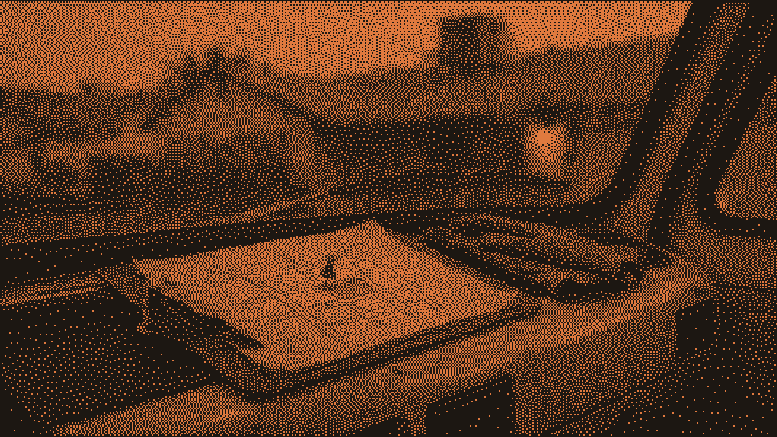 A clipboard on a work van's dashboard holding a hand-drawn street map with a single orange pushpin, work gloves beside it, and a suburban rooftop with an air conditioning unit blurred through the windshield at dusk.