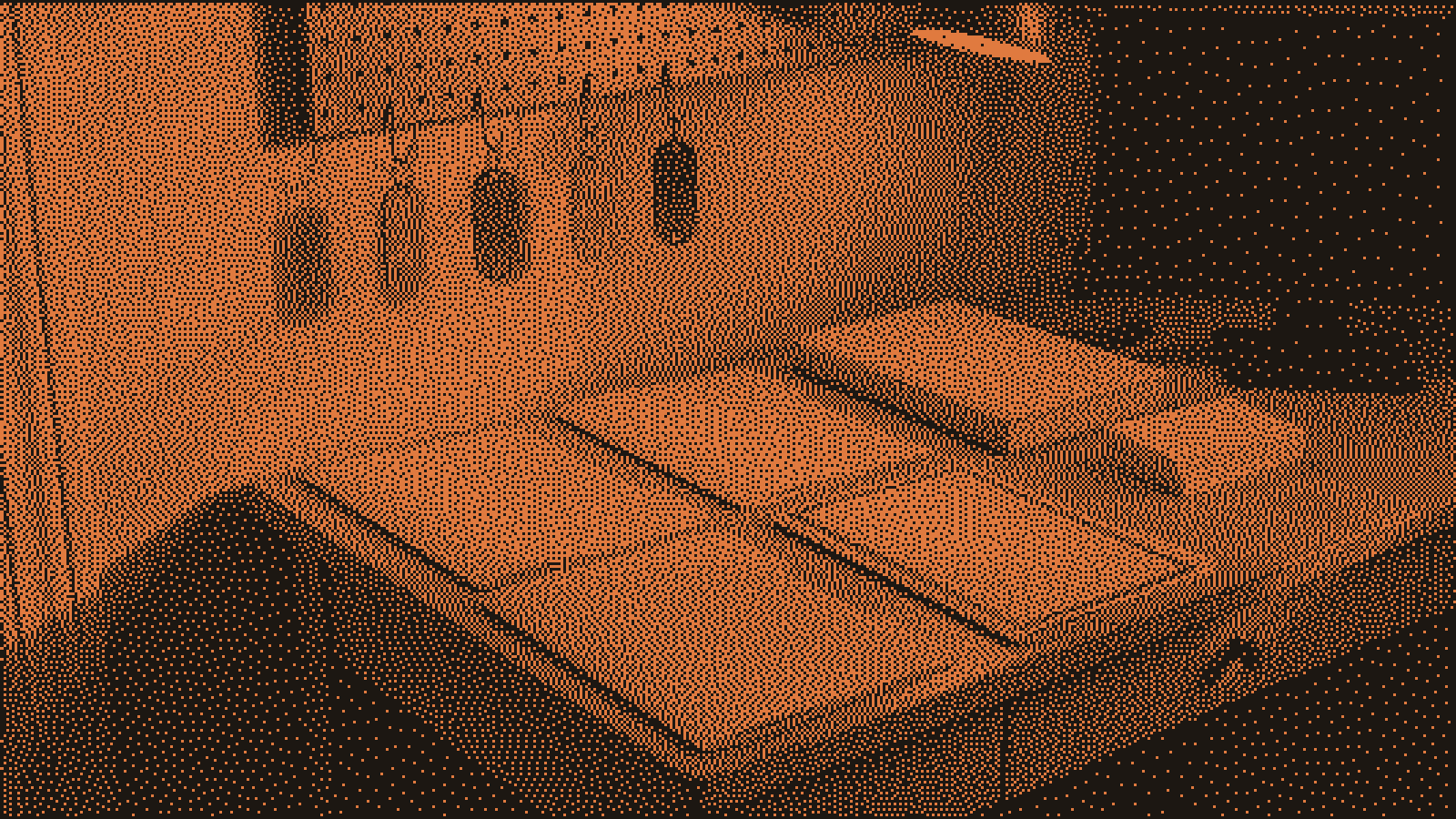 A ring of blank brass unit keys, a folded canvas work glove and a closed cloth-bound ledger book resting on a maintenance shop bench, lit by low evening sun through a dusty window.