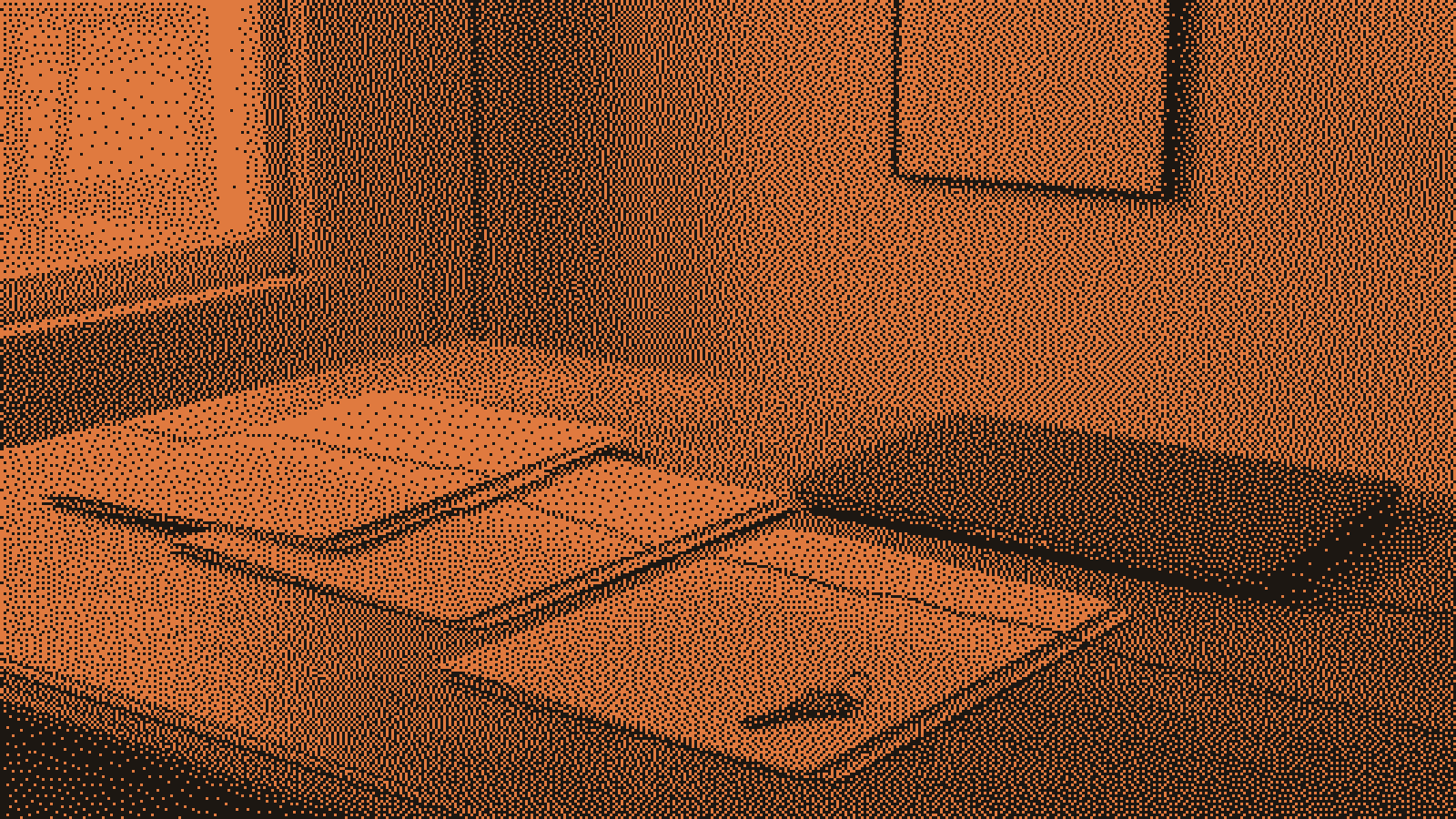 Three blank manila property folders fanned across a wooden desk, joined by a single orange thread that runs to a closed laptop, with a house key resting on the nearest folder.